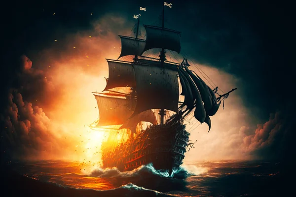 A 17th century pirate ship sailing on a rough ocean