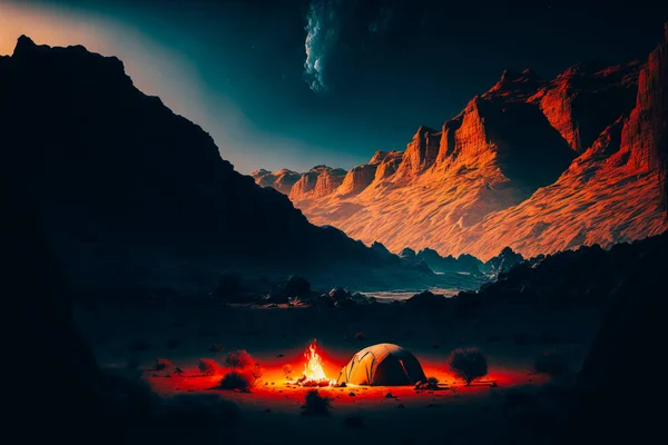 A minimalist camping scene in the mountains with a small fire burning in the foreground