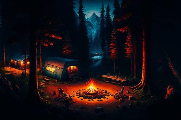A panoramic shot of a small campground nestled in the dense forest