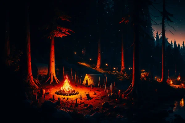 panoramic shot of a small campground nestled in the dense forest with a campfire burning