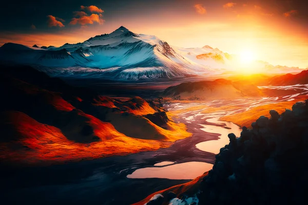 A photo of a dramatic sunrise over a rugged and wild Icelandic landscape