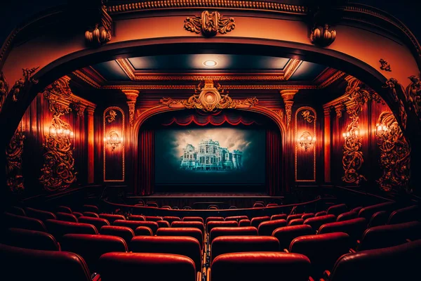 A photo of a grand and opulent movie theater auditorium, with plush velvet seats, ornate decorations