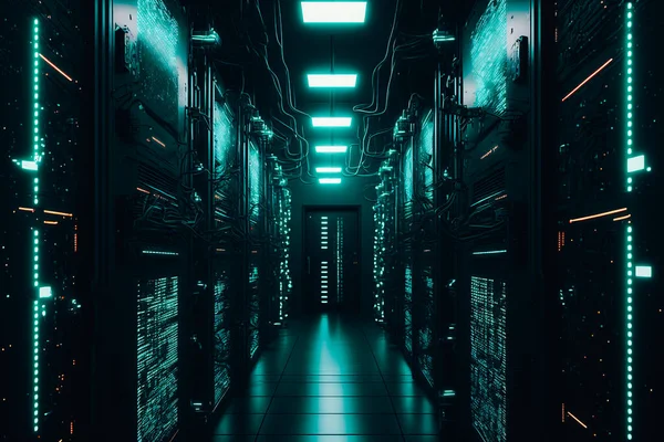 A computer server room filled with rows of glowing equipment