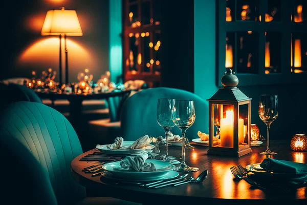 A photograph of a Turquoise-themed restaurant lit by the warm, golden light of candlelight
