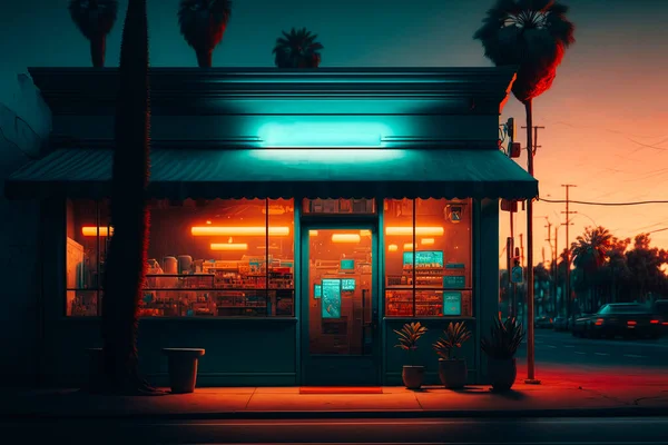 An image of a Turquoise-accented store front lit by the soft, golden light of street lamps