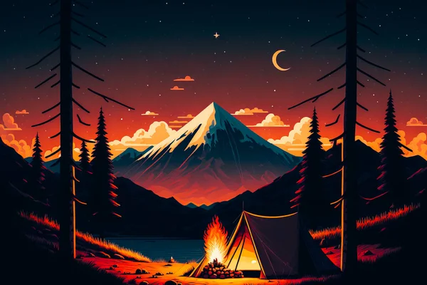 A camping scene is captured at night, with a tent set up in the middle of a beautiful alpine landscape.