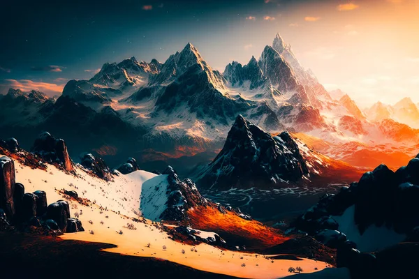 A panoramic view of a snowy mountain range, dotted with jagged peaks