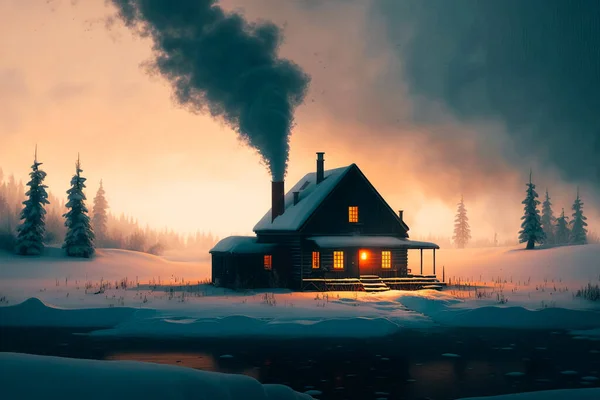 A snowy landscape with a cabin, smoke rising from its chimney. organized and filed, sparse, expansive nothingscape