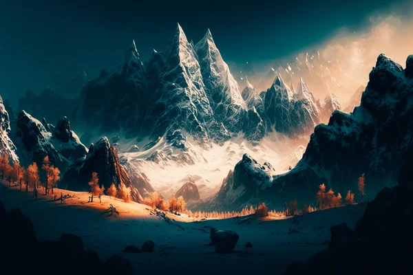 A stunning view of a snowy mountain range, dotted with jagged peaks and frost-covered trees