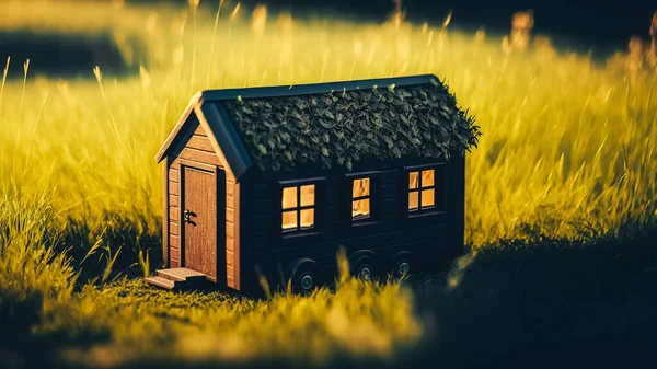 Closed up tiny home model on green grass