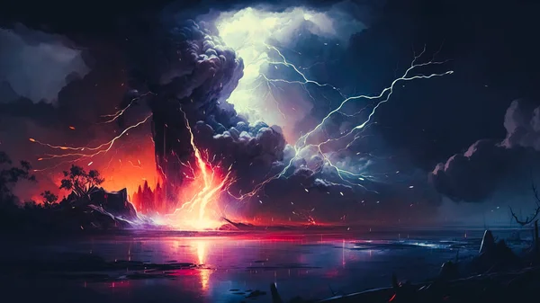Dramatic lightning painting with dark clouds