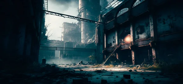 Abandoned factory in ruins, with dark colors and debris dark