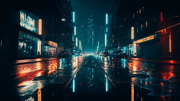 neon mega city with light reflection from puddles on street heading toward buildings