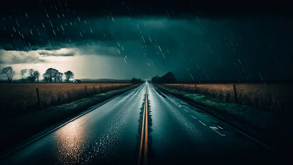 Wet road stretching through a vast field, with raindrops tapping against the windshield