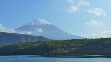 Japonya 'da Fuji Dağı ile gölün etrafında renkli bir sonbahar.