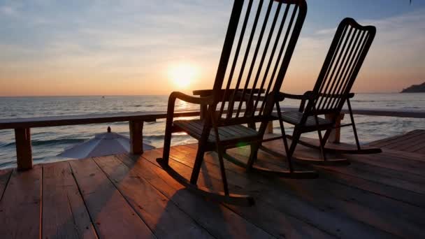 Wooden Chairs Deck Seashore Sunset — 비디오