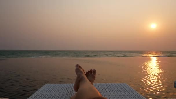 Female Feet Deckchair Sunset Beach Stock Footage