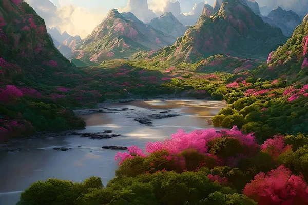Fantástico Florescendo Montanhas Paisagem Com Lago — Fotografia de Stock