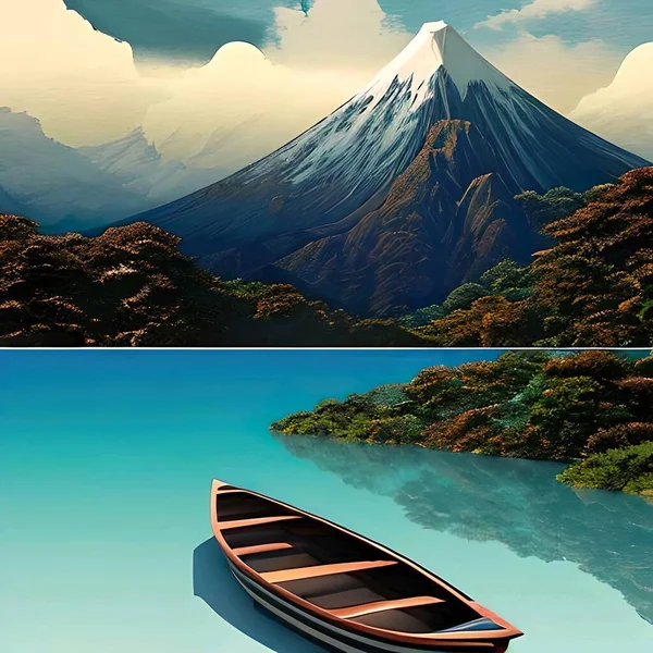 Paisagem Montanha Neve Com Barco Desenho Gráfico Ilustração — Fotografia de Stock