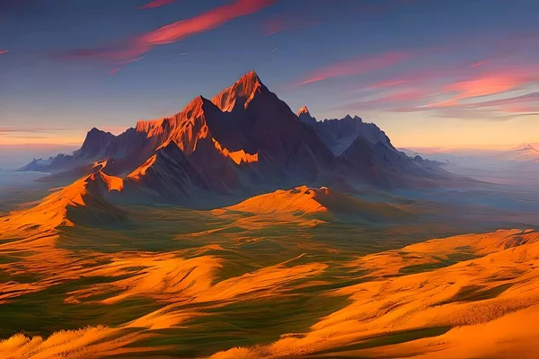 红色橙色的饱和景观遮掩了悬崖 平面设计插图艺术品 — 图库照片