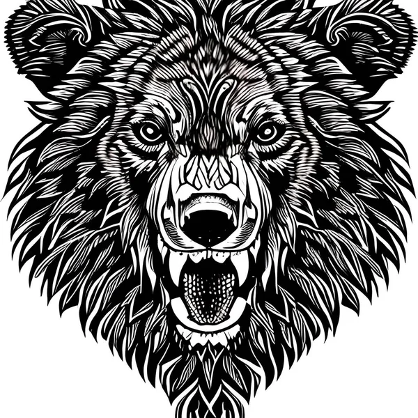 怒っているクマの頭の入れ墨マンダラグラフィック グラフィックデザインイラストアートワーク — ストック写真