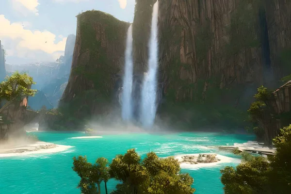 beautiful and vibrant fantasy landscape waterfall. Graphic design illustration artwork