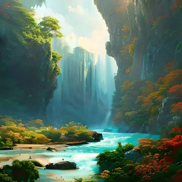 Levendige Fantasie Landschap Met Watervallen Grafisch Ontwerp Illustratie Kunstwerk — Stockfoto