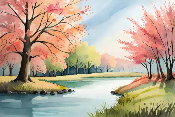 Pintura Paisagem Aquarela Pastel Com Árvores Rosa Verde Lago Num — Fotografia de Stock