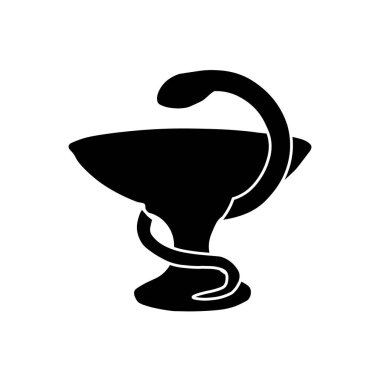 Hygeia Kasesi 'nin (Hygeia) vektör illüstrasyonu. Farmakolojinin tıbbi sembolü. Yılan ve kase. Caduceus. Eczane işareti. Beyaz arkaplanda izole.