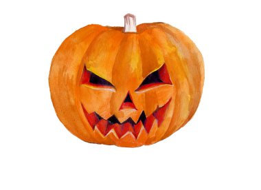 Beyaz arka planda izole edilmiş turuncu gülen suluboya Cadılar Bayramı balkabağı. Korkunç su kabağı. Jack-O-Lantern. El çizimi illüstrasyon.