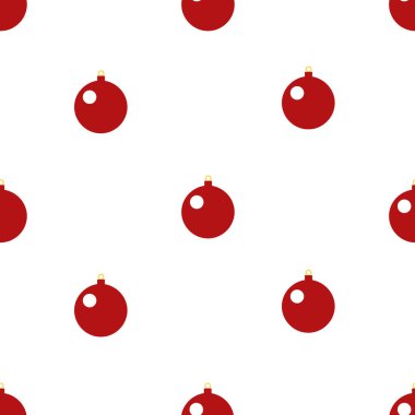 Basit kırmızı takılarla el çizimi, pürüzsüz desen. Noel süsleri. Yeni Yıl Festivali baskısı. Beyaz arka plan. Ambalaj kağıdı, duvar kağıdı, kumaş, tekstil için. Vektör illüstrasyonu.