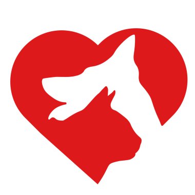 Köpek ve kedi veteriner tıbbı kırmızı kalp logosu ikonu. Hayvan bakımı. Beyaz arka planda izole edilmiş. Veteriner klinikleri için tasarım şablonu. Vektör illüstrasyonu.