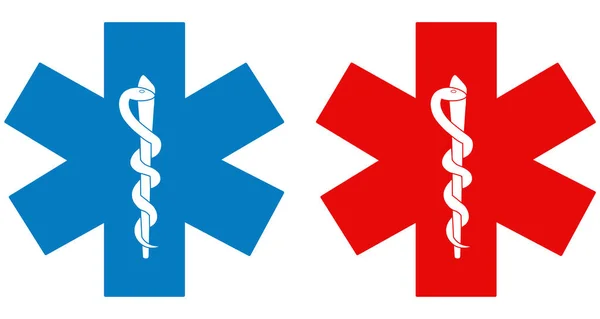Símbolo Médico Conjunto Rojo Azul Estrella Vida Con Vara Asclepio — Vector de stock