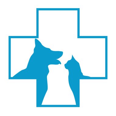 Veteriner logosu. Mavi tıbbi veteriner köpek ve kediyle kesişiyor. Hayvan bakımı. Hayvan logosu tasarımı. Beyaz arka planda izole edilmiş. Vektör illüstrasyonu.