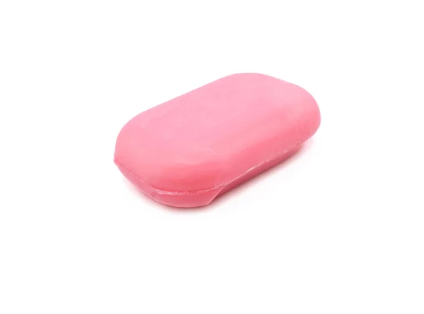 ピンクの石鹸バー 白い背景に隔離されている サイドビュー 選択的焦点 — ストック写真