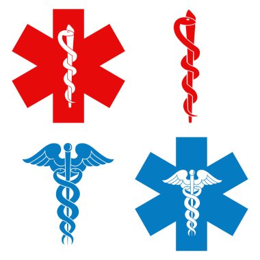 Sağlık sembolü kırmızı ve mavi yaşam yıldızı. Asklepius logosu. Caduceus ikonu. Beyaz arka planda izole edilmiş. İlk yardım. Acil durum sembolü. Vektör illüstrasyonu.