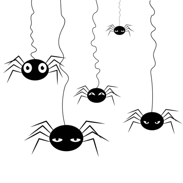 Many Black Cute Spiders Hanging Web Halloween Symbol Spooky Scary — Stock Vector