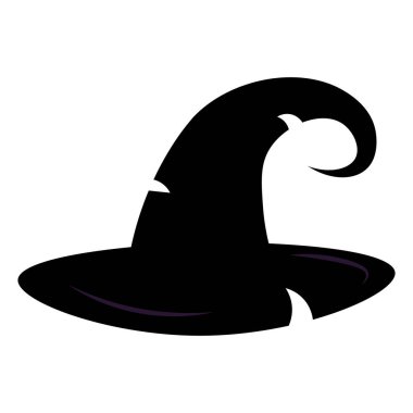 Kara Cadılar Bayramı cadı şapkası ikonu. Büyücü şapkası. Büyücülük. Sonbahar tatili. Çizgi film parti dekorasyonu. Korkunç bir siluet. Beyaz arka planda izole edilmiş. Vektör illüstrasyonu.