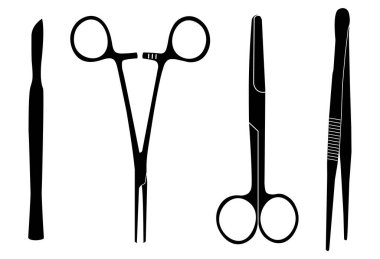 Cerrahi aletler. Tıbbi hemostatik klemp, makas, cımbız, iğne tutacağı, neşter. Cerrahi, tıbbi aletler. Tıbbi aletler. Simgeler. Beyaz arka planda izole edilmiş. Vektör illüstrasyonu.