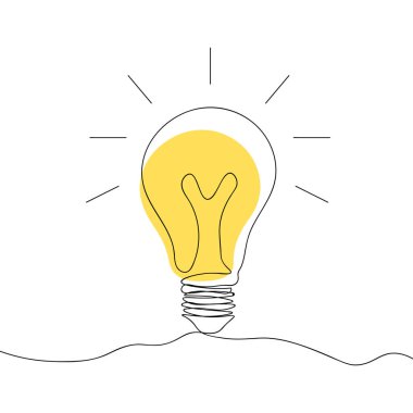 Parlak ampul bir çizgi çiziyor. Devamlı çizgi sanatı. Fikir simgesi. Elektrik tüketimi konsepti. El çizimi karalama. Elektrik ampulü. Vektör illüstrasyonu.