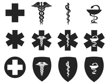 Tıbbi hastane sembolü vektör simgeleri ayarlandı. Haçlı Yaşam Yıldızı, Caduceus, Asclepius Asası ve Hygieia 'nın eczane sembolü. Beyaz arka planda izole edilmiş. Logo işareti konsepti. Vektör illüstrasyonu.