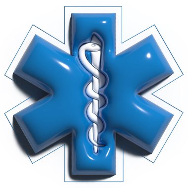 Tıbbi 3D simgesi. Acil durumun tıbbi sembolü. Asclepius ikonunun asası olan Mavi Yıldız beyaz arka planda izole edilmiş. İlk yardım. İlkyardım logosu. Acil durum sembolü. Vektör illüstrasyonu.