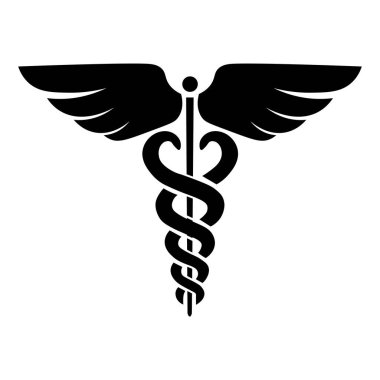 Caduceus sembol simgesi. Yılan ve kanatlı sopa. İlaç logosu. Sağlık hizmetleri. Asklepius 'un asası. Beyaz arka planda izole edilmiş. Vektör illüstrasyonu.