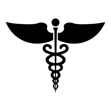 Tıbbi caduceus silueti. Asklepius 'un asası. Tıbbi sembol simgesi. Yılan ve kanatlı sopa. İlaç logosu. Sağlık hizmetleri. Beyaz arka planda izole edilmiş. Vektör illüstrasyonu.