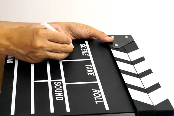 Hand Holding Clapper Board Movie Slate Black Color Marker Pen — Stock Photo, Image