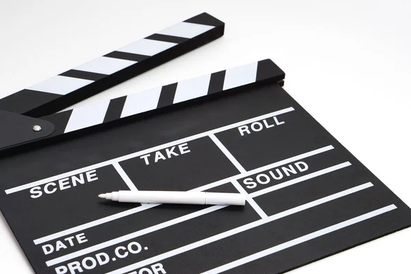 Clapperboard Movie Slate Black Color Marker Pen White Background Cinema — Stock Photo, Image