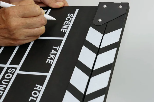 Focus Hand Holding Clapperboard Movie Slate Black Color Marker Pen — Stok fotoğraf