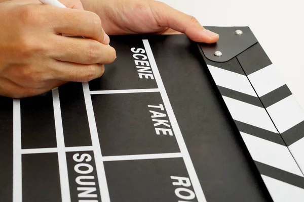 Focus Hand Holding Clapperboard Movie Slate Black Color Marker Pen — Fotografia de Stock