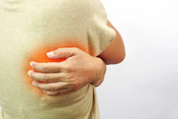 Woman Suffering Waist Backache Hip Pain White Background Backache Office — Foto de Stock