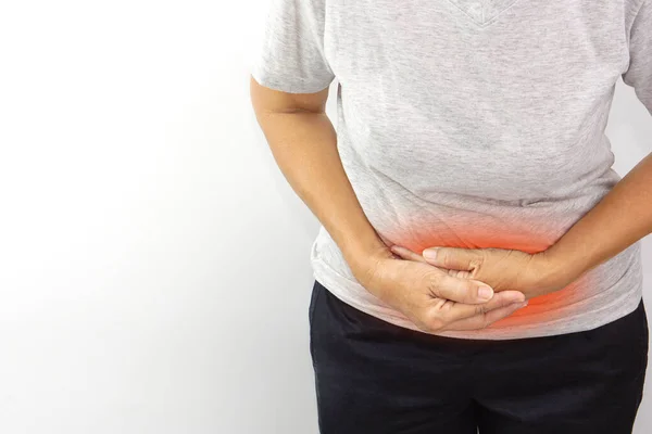 Mujer Asiática Sufriendo Dolor Estómago Gastritis Crónica Menstruación Concepto Salud — Foto de Stock